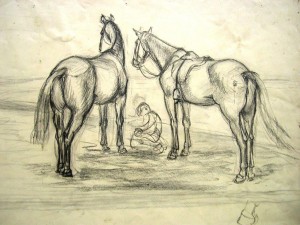 franz-eversheim-zwei-reitpferde-mit-kniendem-mann
