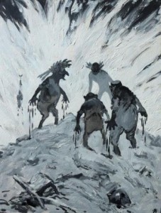 Arpad Schmidhammer: Darstellung von vier dämonenhaften Männern mit bluttriefenden Händen auf einem Hügel (Galerie)